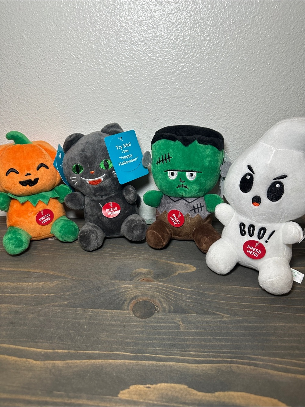 Happy Halloween Plush Characters Set - Pumpkin, Black Cat, Frankenstein & Ghost